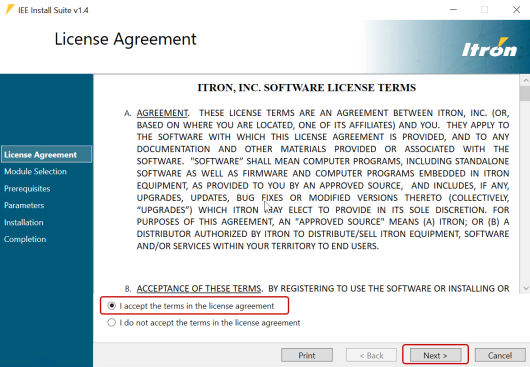 Itron Software License Agreement dialog